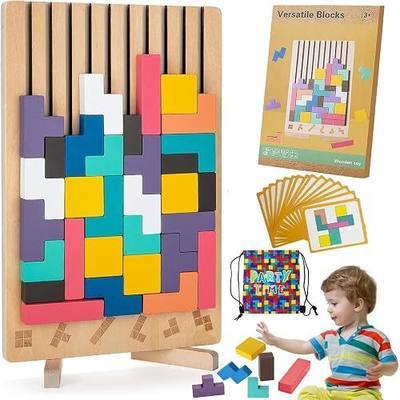Wooden Stacking Toys 3D Puzzles - Russian Brain Pattern Blocks with Cards & Bag - Montessori Toys for 3-8 Year Old, Color Stack Game Board for Education Color Stack Challenge Game (42 PCS)