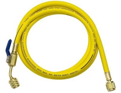 30460 A2L Refrigerant Hose,72" LH to RH,45° Fitting with Compact Ball Valve | HVAC Hose for Left-Handed A2L Refrigerant Tank, 800 PSI Working Pressure, 4000 PSI Burst Pressure for R-32/ R-454B, Yellow