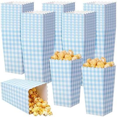 Geyoga 50 Pcs Blue Gingham Popcorn Boxes 6 x 3 x 2.4 in Plaid Popcorn Bucket Disposable Paper Party Candy Snack Containers for Movie Night Birthday Bridal Baby Shower Party Supplies