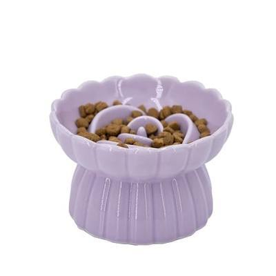Ceramic Cat Slow Feeder, Raised Slow Feeder Cat Bowl, Anti Vomiting and Whisker Friendly Kitty Dish, Elevated Puppy Kitten Food Bowl for Dry and Wet Food (Purple)