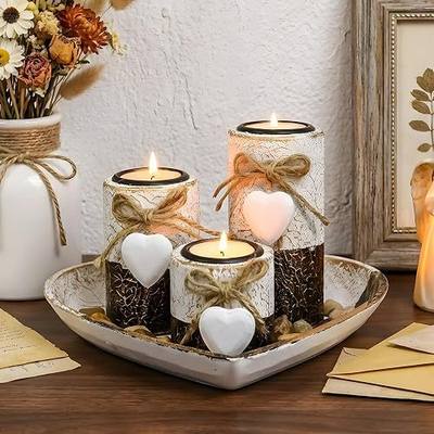 Farmhouse Candle Holders 3 Pack Rustic Wooden Pillar Candle Holder | Heart Tray and Stones Tealight Candles Holders Farmhouse Centerpiece for Coffee Table Mothers Day Valentines Home Decor