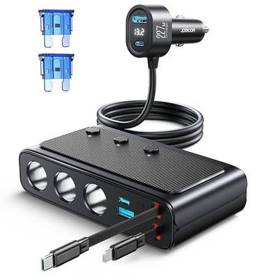 227W 9 in 1 Cigarette Lighter Splitter, PD36W *2 & QC3.0 Fast Car Charger | Retractable USB C Fast Charger, 12V/24V Car Charger, 31.5IN Retractable Cords & 39.6IN Extension Cord, LED Voltage Display