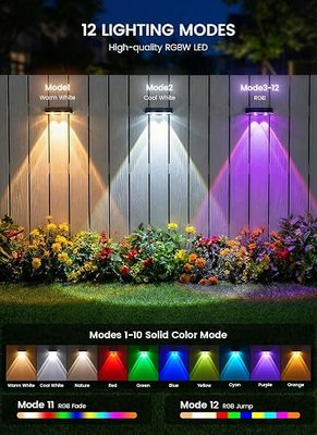 Brightown Solar Fence Lights Outdoor, IP65 Waterproof 3000/4000/6000K/RGB 11 Colors Solar Deck Step Flood Lights, Solar Patio Lights for Outside Backyard Yard Home Improvement Wall Railing, 8 Pack