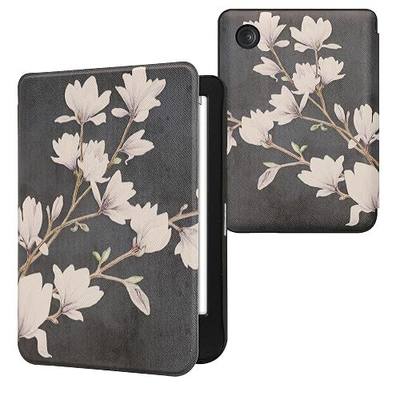 kwmobile Case Compatible with Kobo Clara BW/Colour Case - eReader Cover - Magnolias Taupe/White/Dark Grey