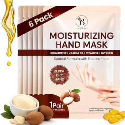 Repairing Hand Mask for Dry Cracked Hands, Hand Masks with Shea Butter, Jojoba Oil & Vitamin E, Moisturizing Gloves, Skin Care Gifts for Women & Men, Self Care Gifts for Women (6 Pairs) - PAC2