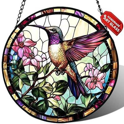 Stained Glass Window Hanging, Hummingbird Suncatcher for Door Home Decor, Birds Flowers Sun Catcher Ornament Mother's Day Birthday Gifts for Bird Lovers Women Men Mom 6.3 in