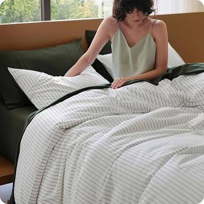Bedsure Striped Duvet Cover Queen, 100% Washed Cotton Duvet Cover Linen‑Like, PureWoven with Reversible Yarn‑Dyed Design & Double‑Stitch Craft, 3-Piece with Zipper Closure, Stripes White, 90"x90"
