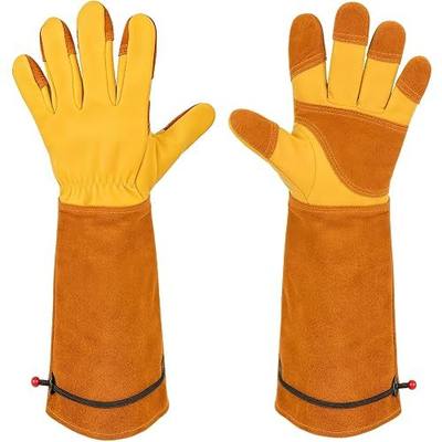 Aegend Long Gardening Gloves for Men, Reinforced Fingertips Cowhide Leather, Elbow-Length Gauntlet Cuff, Breathable & Durable for Yard Work Fit for Large Hands (Gold Yellow, XL)