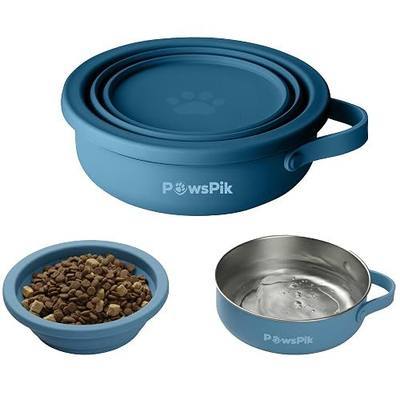 PawsPik 2-in-1 Travel Dog & Cat Bowl – Collapsible BPA-Free Silicone | 18/8 Stainless Steel, Portable & Non-Slip with Handle, Easy to Clean, Food & Water Bowl for On-the-Go Pets