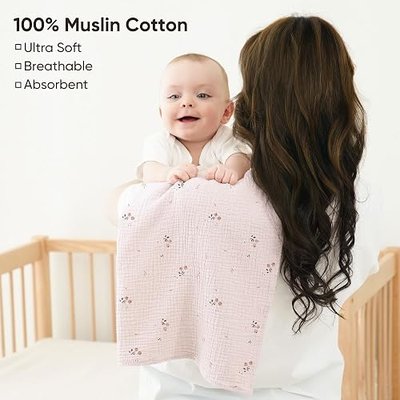 Bearmoss 6 Pack Large Muslin Burp Cloths, 100% Cotton Soft Baby Burping Cloths for Boy, Girl, 23.6" X 23.6" Absorbent Milk Spit Up Rags, Newborn Essentials (Pink Print)