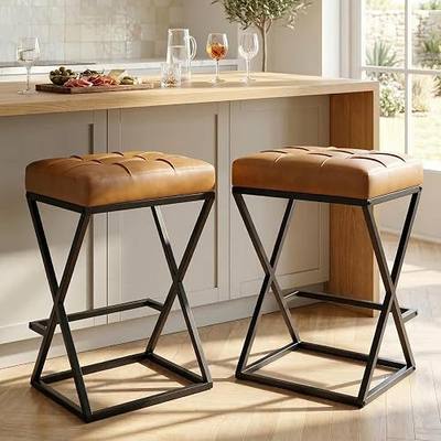 26 Inch Counter Height Bar Stools Set of 2, Backless Bar Stools for Kitchen Island, Faux Leather Upholstered Seat Modern Counter Stools with X-Frame Metal Legs and Footrest Walnut Brown