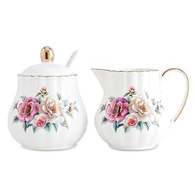 Ceramic Sugar and Creamer Set, 3 Piece Set with Cream Pitcher, Sugar Bowl, Spoon (Camellia)