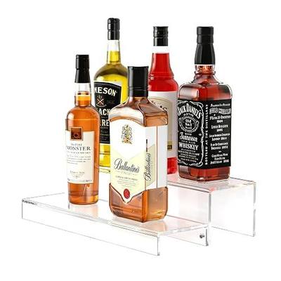 JUESHA 2 Tier Liquor Bottle Display Shelf, 15" Acrylic Bar Shelves Stand for Countertop, Step Alcohol Bottle Organizer for Wine Drinks Whiskey Bar Display (Patent: D1076520s)