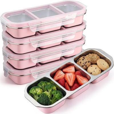FoldTier 4 Pack Stainless Steel Snack Container for Adults 3-compartment Leak-proof Lunch Box for Work, Travel 10.6 x 4.1 x 2 Inch Stackable Reusable Metal Bento Box (Pink)