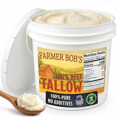 Farmer Bob's 100% Beef Tallow for Cooking, 7 lb Bucket - Made in USA | Pure rendered beef fat, 400F smoke point. For deep frying, grilling and soap making. Keto, paleo, carnivore friendly.