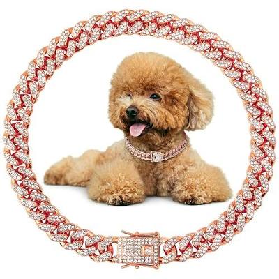 Dog Collar Rose Gold Plated - Cuban Link Metal Chain with Crystals, Luxury Fashion Necklace for Puppies Small Dogs, Secure Lock - 10 Inch
