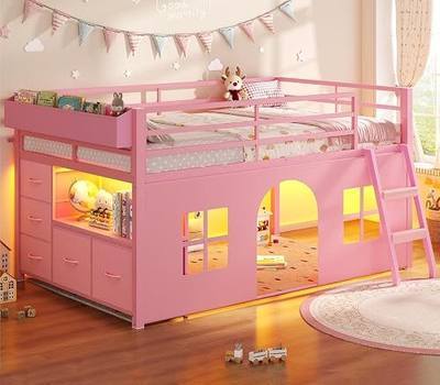 ADORNEVE Low Loft Bed Twin Size with Tent and 5 Storage Drawers, Pink | Metal Kids Loft Bed with LED Lights, Bookcase & Under-Bed Play Space, 13.8''H Safety Guardrail and Inclined Ladder