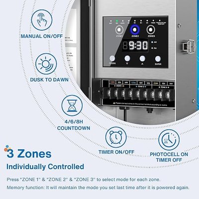SUNVIE 300W Low Voltage Transformer with 3 Zones, Photocell Sensor & Timer | 120V to 12V/14V AC Landscape Transformer, 304 Stainless Steel, Circuit Protection, for Garden Lights Path Lights Spotlights
