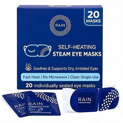 Rain - Heated Eye Mask for Dry Eyes, Self Heating Steam Eye Masks Disposable, Warm Compress for Eyes, Stye Treatment, Moist Heat, Unscented, No Microwave, Travel Ready (20 Masks)