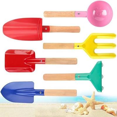 Beach Toys for Kids,Beach Sand Toys, 8'' Metal Sandbox Toys with Sturdy Wooden Handle,Safe Beach Gardening Set,Spoon, Fork, Trowel, Rake & Shovel for Kids,Snow Shovel(6 pcs)