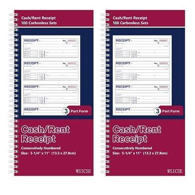 2 Pack Receipt Books with Carbon Copies, 3-Part Carbonless | 5.24" x 11, (White,Yellow and Pink), 100 Sets Per Book