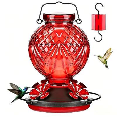 20oz Glass Hummingbird Feeder for Outdoor with Anti-Bee Ports, Red | Attract More Hummingbirds, Durable Glass, Leak-Proof, Easy To Clean, Built In Ant Moat, Bird Lover Gift, Hanging Garden Decor