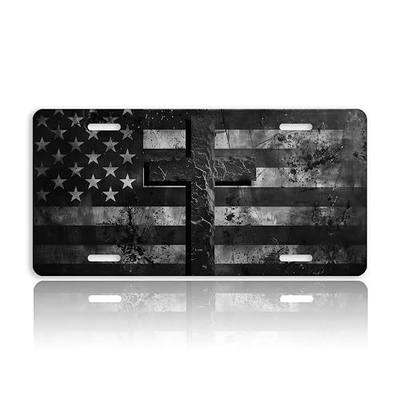 American Flag Cross Front License Plate for Women Black White USA Flag Car Plates Decorative Aluminum Metal Cute Novelty License Plate Cover for Men 6x12 Inch (4 Holes)