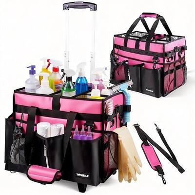 Cleaning Caddy with Wheels, Rolling Cleaning Supplies Organizer with Bottom Board, Dividers & Shoulder Strap, Portable Utility Tote with Small Trolley, Rose Pink