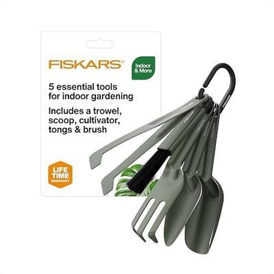 Fiskars 5-Piece Plant Cultivating Tool Set, Nesting Trowel, Soil Scoop, Cultivator, Tongs & Brush for Indoor Gardening, Stainless Steel w/Green Powder Coat Finish, Space Saving Design for Houseplants