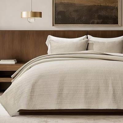 EVERGRACEHOME Channel Stitch 100% Cotton Quilt Set King Size, Pre-Washed Cotton Sateen Coverlet Bedspread, 3-Piece Soft & Breathable Bedding Set with 2 Shams for All Seasons, Parchment