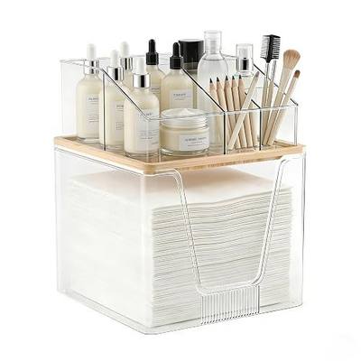 2 in 1 Disposable Facial Towel Holder and Cosmetic Organizer, Clear Storage with Bamboo Lid Compatible with Clean Skin Club Towel XL, Stackable Vanity Organizer for Bathroom Vanity Counter (1 Pack)