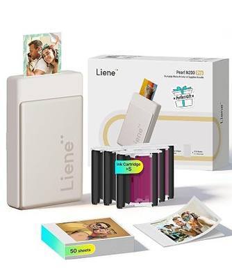 Liene Pearl N200 Pro Portable AI Photo Printer, Instant Mini Picture Printer for iPhone Smartphone, Thermal Dye Sublimation, Bluetooth Sticker Maker 50 Sheets 2x3 Adhesive Paper & 5 Cartridges, Gold
