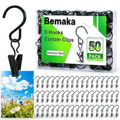 50 Pack S Hooks Curtain Hanging Clips, Stainless Steel Curtain Hooks 2.4 Inch Metal Clips Hook for Hanging Photo Christmas Party Lights Courtyard Decoration Art Craft