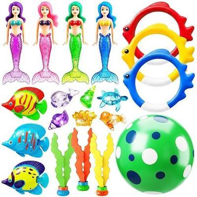 Jasonwell Pool Diving Toys Games - 20PCS Swimming Mermaid Pool Toys with Dive Rings Gems Beach Ball Underwater Treasures Seaweeds Fish Swim Toy etc Bath Water Toy Training Gifts for Kids Adult