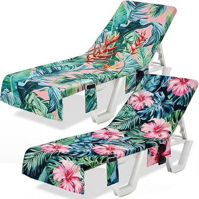 2 Pcs Pool Lounge Chair Towel Cover with 3 Pockets, 85 x 30 Inch Beach Pool Chair Towels Microfiber Chaise Lounge Covers for Outdoor Summer Sunbathing Beach Garden Lounger (Tropical)