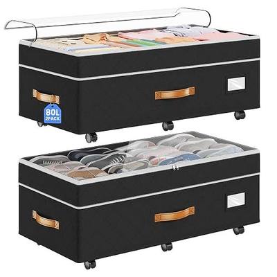 Budding Joy 80L 2 Pack Adjustable Under Bed Storage with Wheels | Underbed containers with clear lids, rolling under bed shoe storage organizer for dorm home clothes, blankets, toys, black