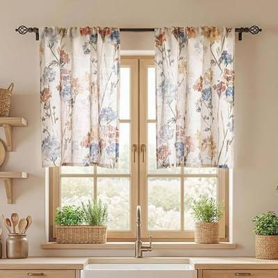 MYSKY HOME Floral Linen Kitchen Tier Curtains 24 Inch Length 2 Panels Farmhouse Semi Sheer Privacy Small Window Treatments Rod Pocket for Bathroom Basement, Yellow, 30 inch Wide