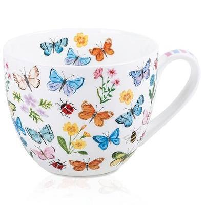 Colorful Butterfly Mug - 20oz Bone China Coffee Tea Hug Mug with Multicolor Butterflies, Ladybugs, Bees & Blooms, Perfect Gifts for Mom Women Mothers Day, Designed in England by Harvest Green Studio
