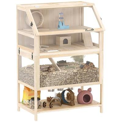 PawHut Wooden Hamster Cage with Storage Shelf for Dwarf, 31.5" x 21" x 46" | 3 Tier Small Animal Cage, Detachable Lower Floor, Hut, Seesaw, Exercise Wheel, Ramps, Hamster Habitat for Gerbil