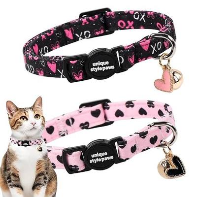 Unique style paws 2 Pack Valentine Kitten Collar Breakaway with Bell&Pendant, Adjustable Safety BlackBerry Pink Love Heart Cat Cotton Collar for Girl Boy Cat and Small Pet