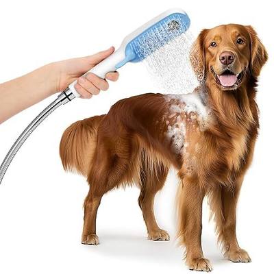 Dog Shower Attachment with 4 Adjustable Settings, Indoor and Outdoor Use | Easy-to-Install Dog Shower Brush for Bathing and Grooming, Blue/White