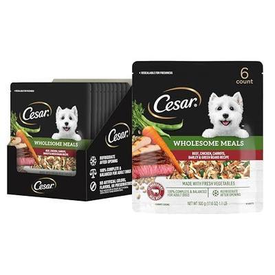 Cesar Wholesome Meals Wet Dog Food Pouch, Beef & Chicken, 17.6 oz, 6 Count | Carrots, Barley & Green Beans, beef #1 ingredient, fresh vegetables, no by-products, slow-cooked, resealable pouch