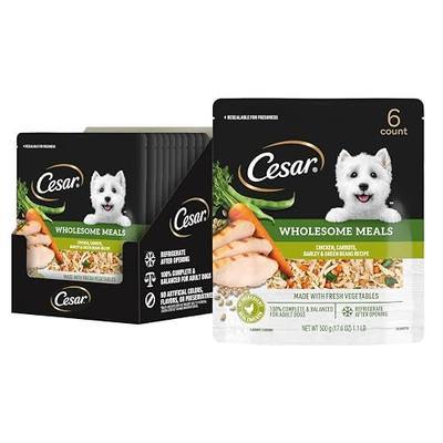 Cesar Wholesome Meals Wet Dog Food Pouch, Chicken, 17.6 oz, 6 Count | Carrots, Barley & Green Beans, real meat & fresh vegetables, no by-products/artificial flavors, slow-cooked, resealable pouch