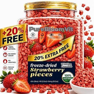 WildSap Emeralds Freeze Dried Strawberry Dices - 19.2oz Bulk Family Size Canned, 100% Fruit No Added Sugar Unsweetened Strawberry Pieces, Non-GMO Crunchy Fruit Snacks for Cereal, Yogurt & Baking