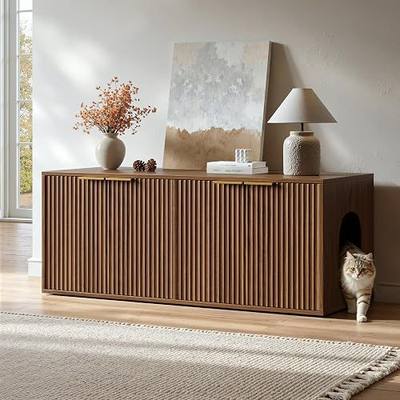 Evermagin 47.2" Double Litter Box Enclosure Furniture, Walnut Litter Box Cabinet for 2 Cats, Mid Century Modern Fluted Kitty End Table, Large Hidden litter box hutch for Living Room, Entryway, Bedroom