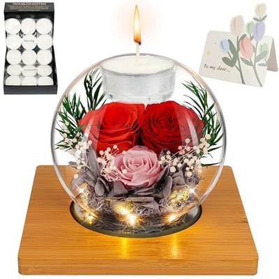 ENERLEAF Preserved Red Real Rose in Glass with Scented Candles – Forever Flower Romantic Anniversary Christmas Birthday Valentines for Mom, Women, Wife, Girlfriend, Her, Grandma