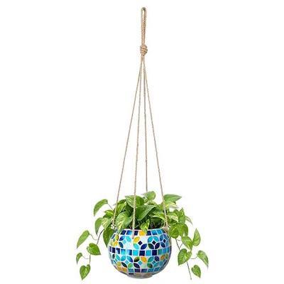 Ceramic Hanging Planter, Small Blue Flower Plant Pot Indoor Decor | Handmade Mosaic Design, with Drainage Hole, Decorative Boho Style for Garden Decor, Suitable for Indoor Outdoor Plants