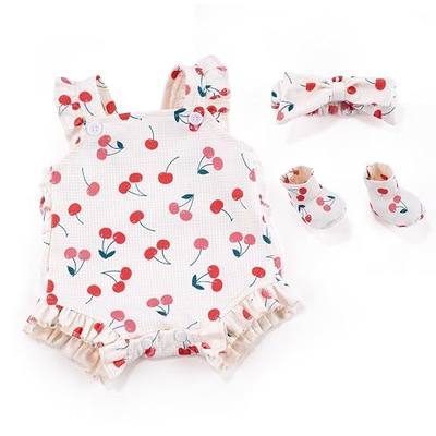 BABESIDE 3 Pcs Reborn Baby Doll Clothes Accessories Cherry Pattern for 17- 22 Inch Baby Doll Clothes Outfits with Romper, Headband & Socks