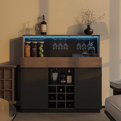 ModernMate Wine Cabinet with 3 Drawers, Coffee Bar Cabinet with LED Lights, Stemware Holders Wine Racks, Home Bar with Charging Station for Kitchen, Dining Room, Living Room
