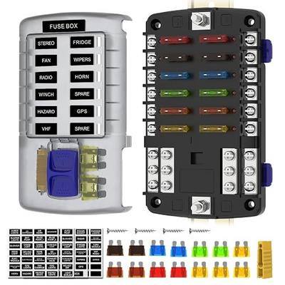 12 Way Fuse Block, 12 Volt Blade Fuse Box Panel with LED Indicators- Heavy-Duty Waterproof 12 Circuit Fuse Box for Marine, Car, Boat, RV, Truck, ATV with Cover & Terminals Waterproof Fuse Block
